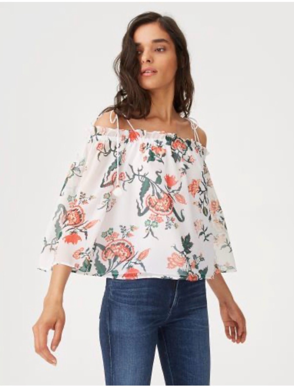 Club Monaco Floral Off-Shoulder Janou Top - White with Coral & Green